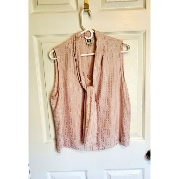 Anne Klein XL Pink Top With Gold Stripe & Bow V Neck. Great Alone Or Layered - Picture 1 of 7